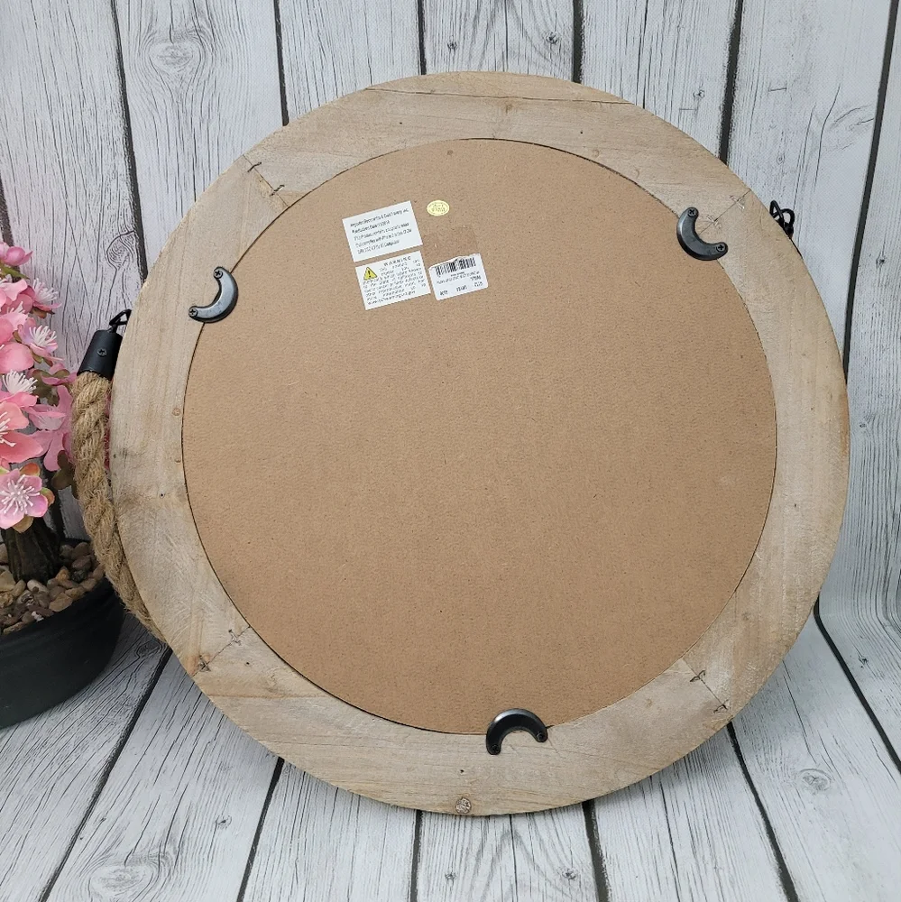 Decorative Rustic Mirror with Solid Wood Frame & Rope Hanging